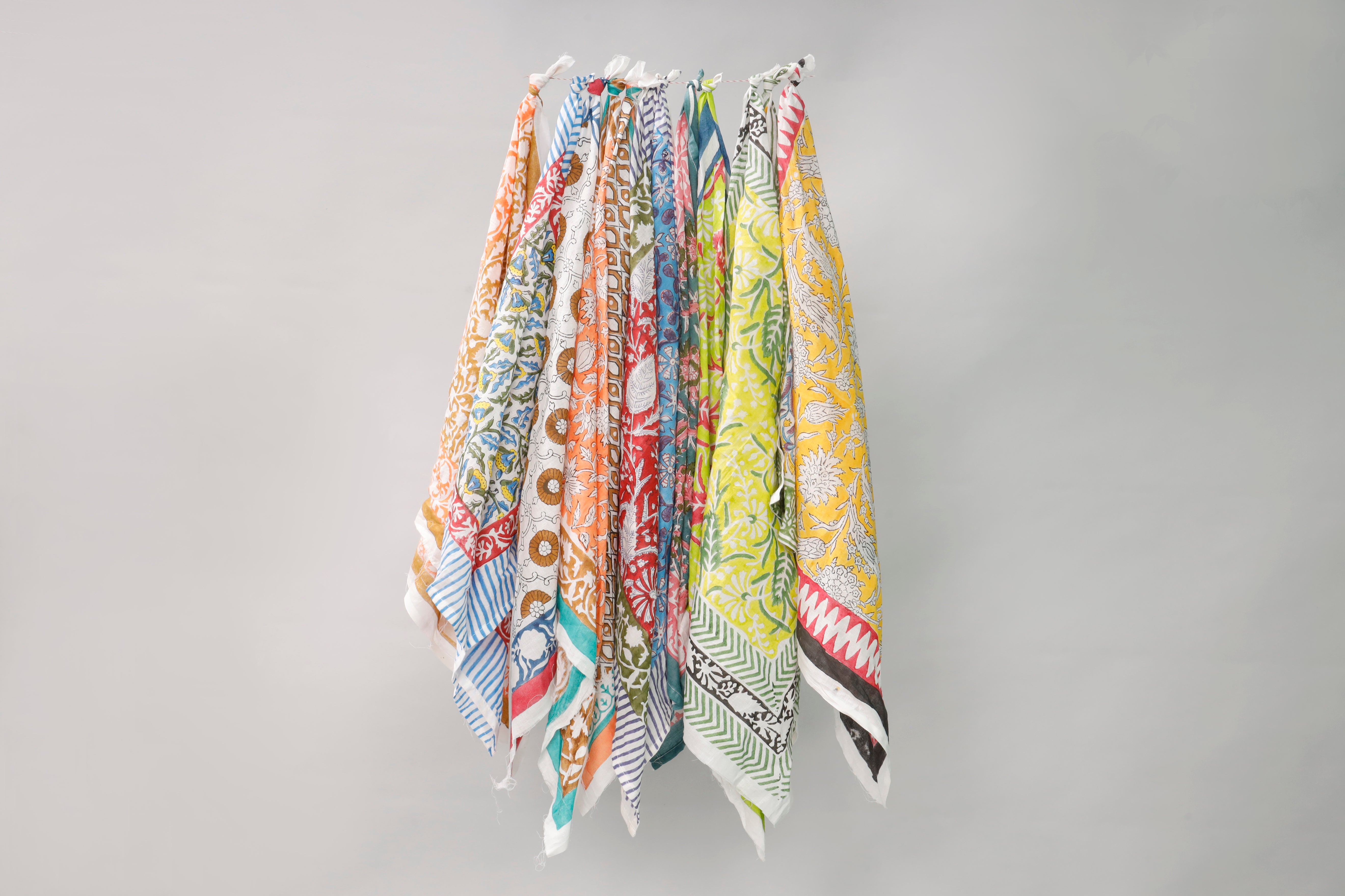 Set of 5 - Block Printed Cotton Bandana, Lightweight Summer Scarf, Eco Boho Unisex Head Wrap