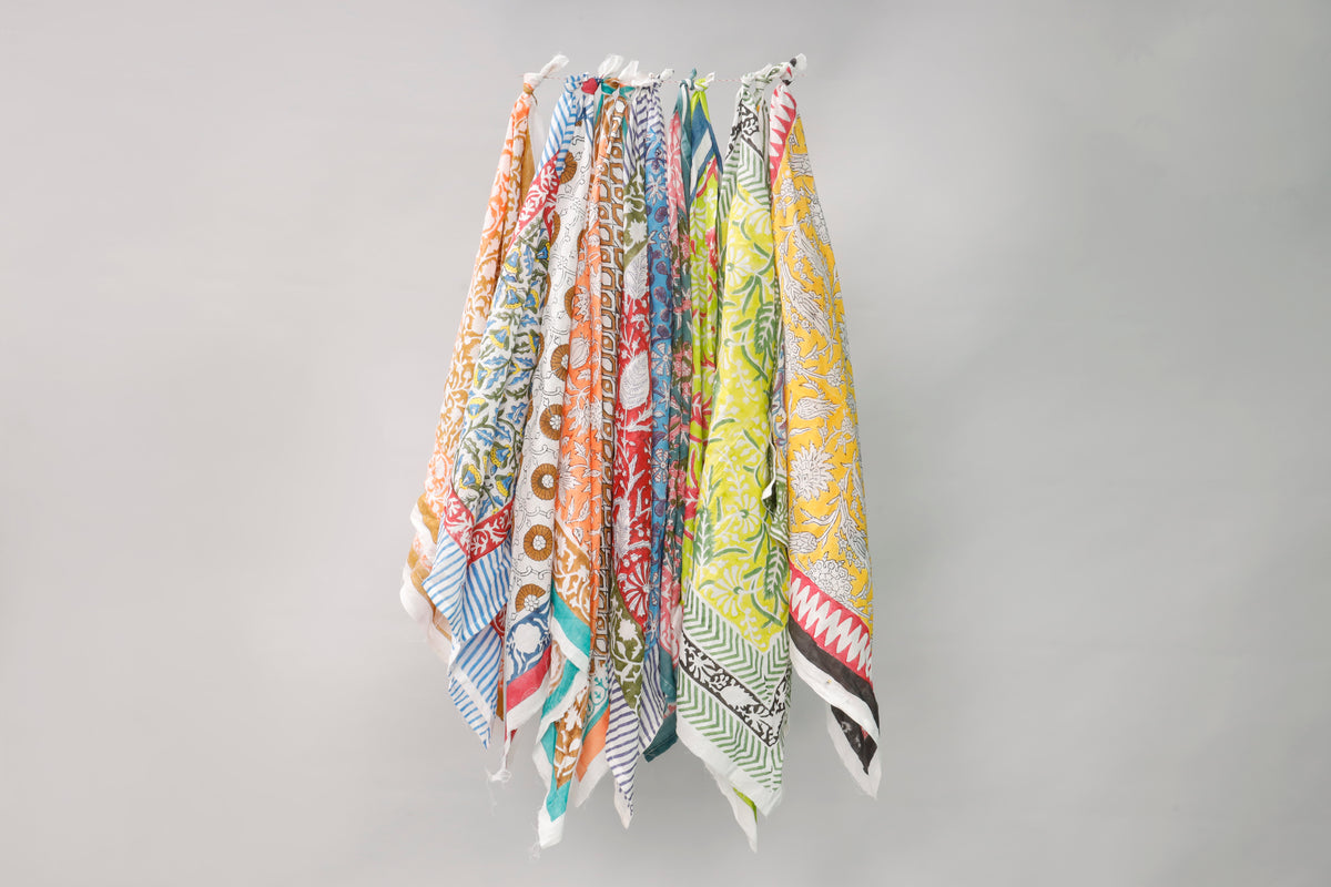 Set of 5 - Block Printed Cotton Bandana, Lightweight Summer Scarf, Eco Boho Unisex Head Wrap