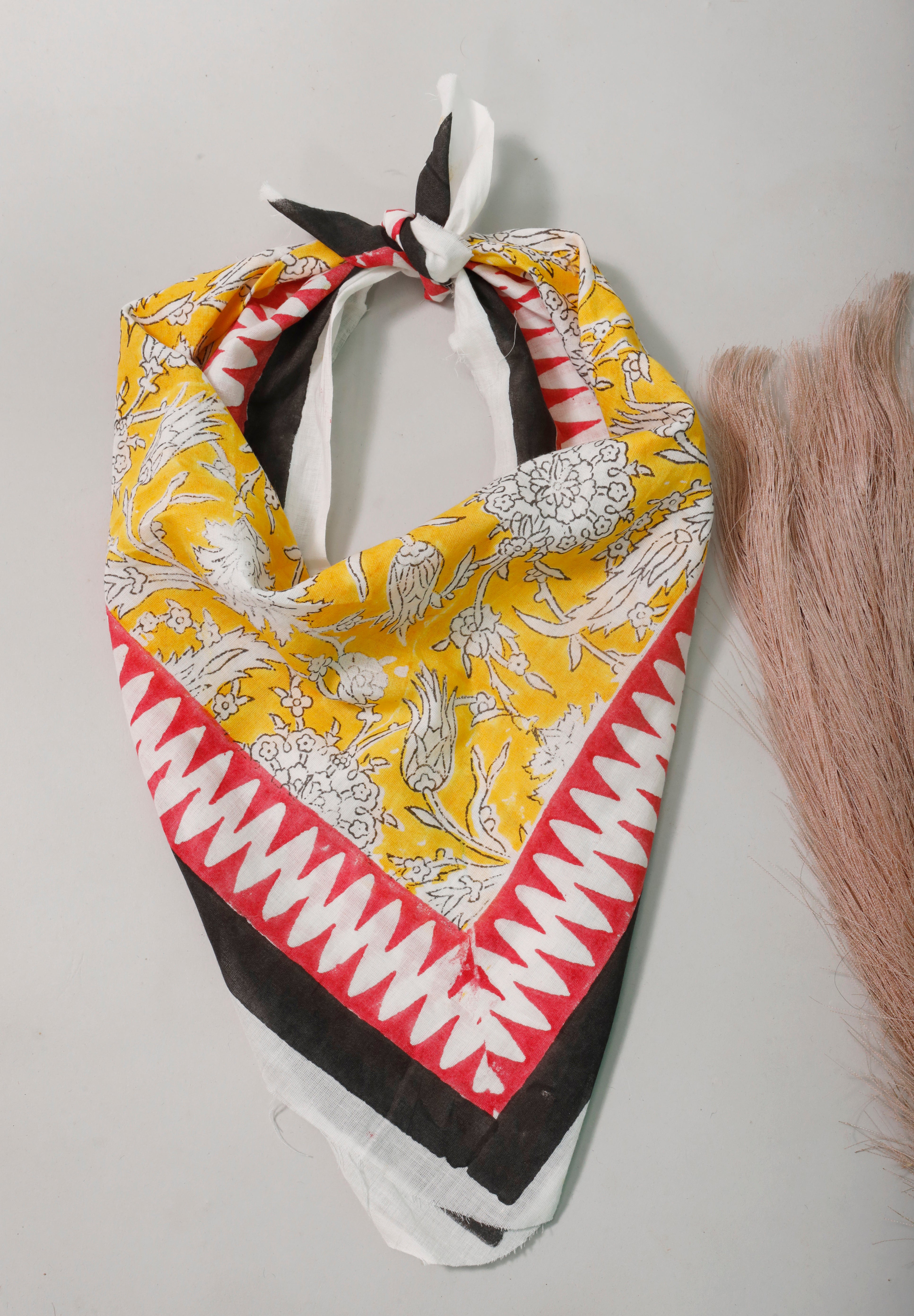 Unisex Block Printed Cotton Bandana, Soft Neck Scarf For Summer, Eco Boho Head Wrap, Lightweight Handmade Scarf