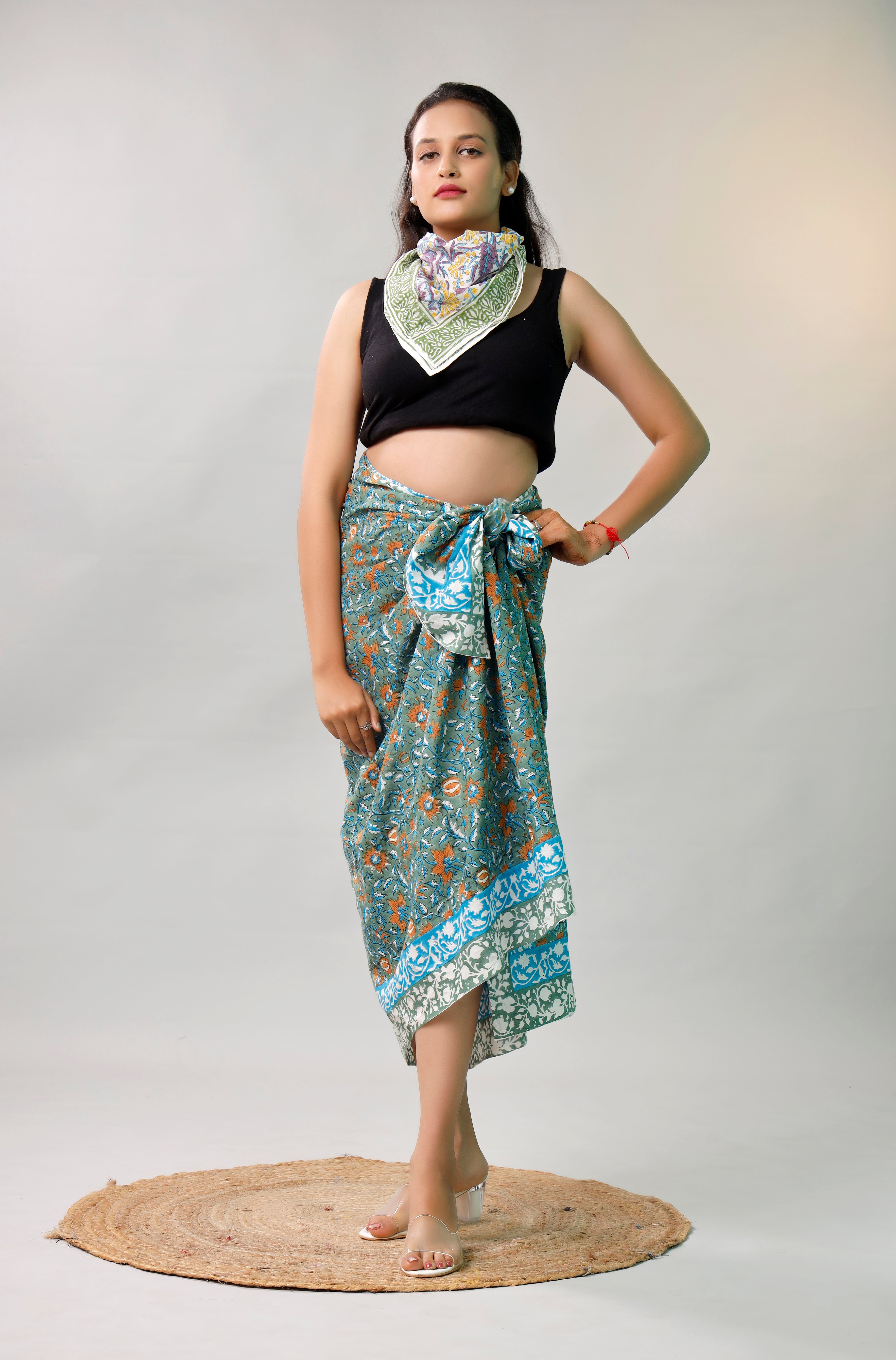 Premium Blue & Green Floral Sarong Versatile Summer Essential