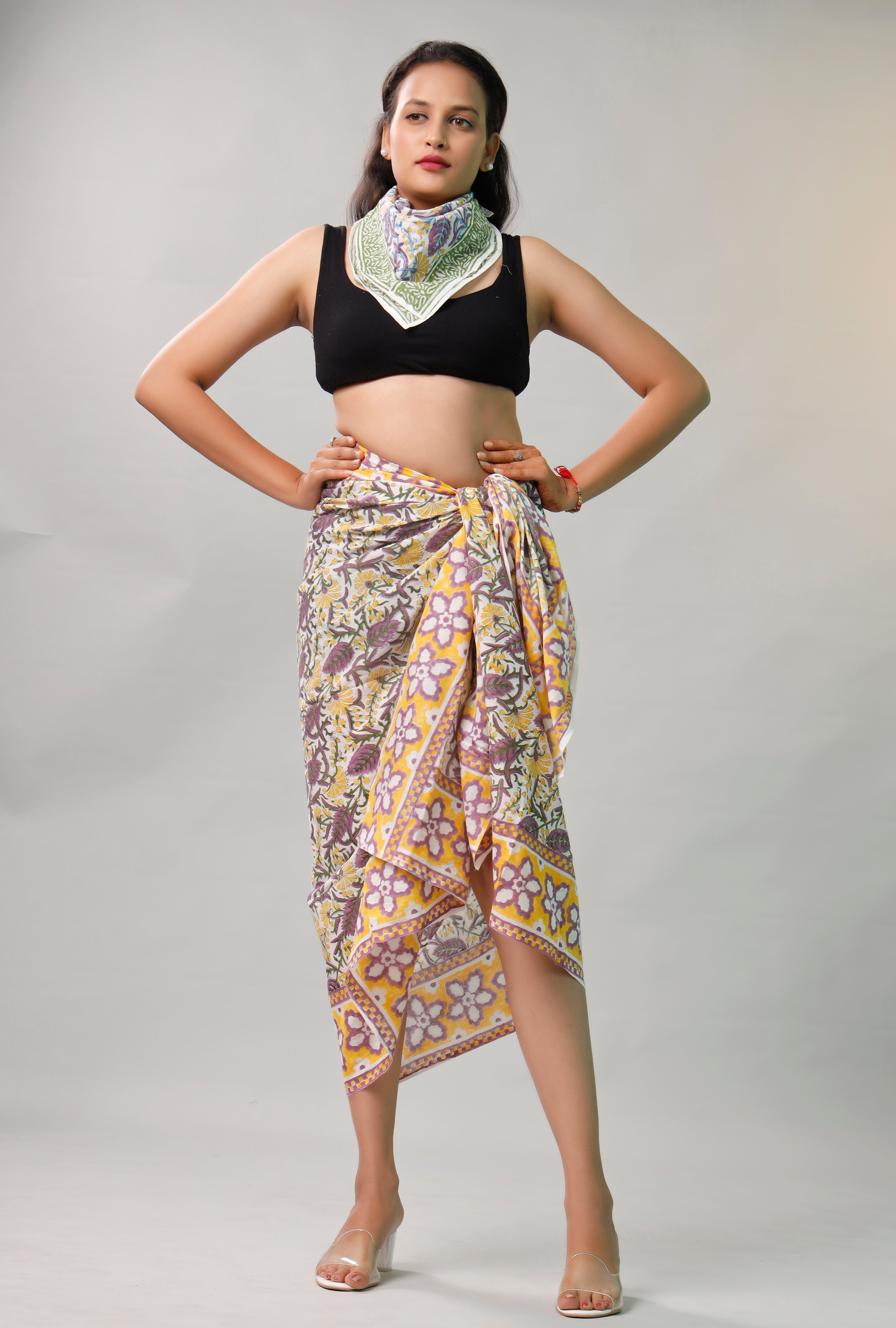 Boho Block Printed Cotton Sarong Scarf, Beach Cover Up, Light Summer Travel Accessory, Natural Soft Cotton, Handmad