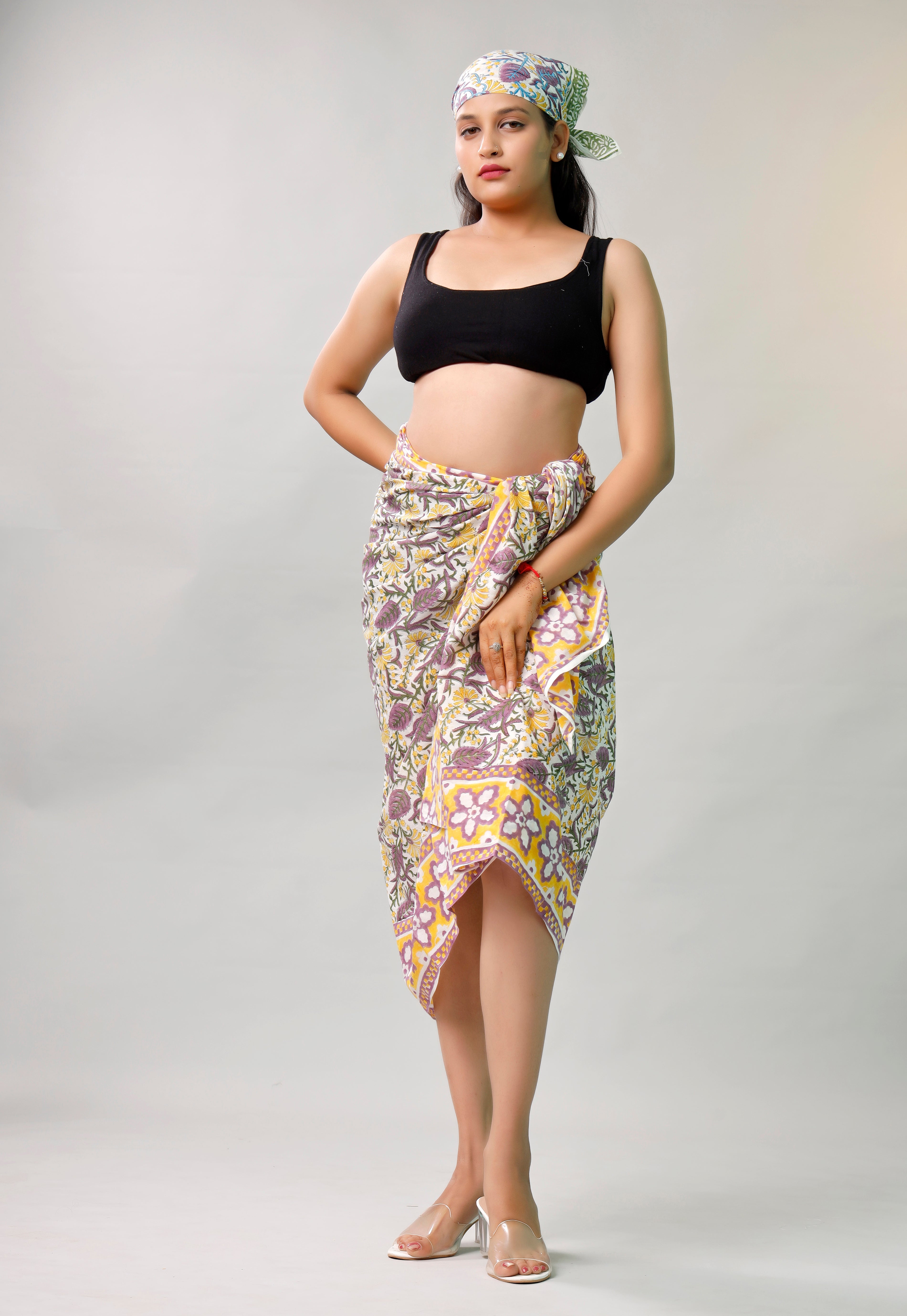 Boho Block Printed Cotton Sarong Scarf, Beach Cover Up, Light Summer Travel Accessory, Natural Soft Cotton, Handmad