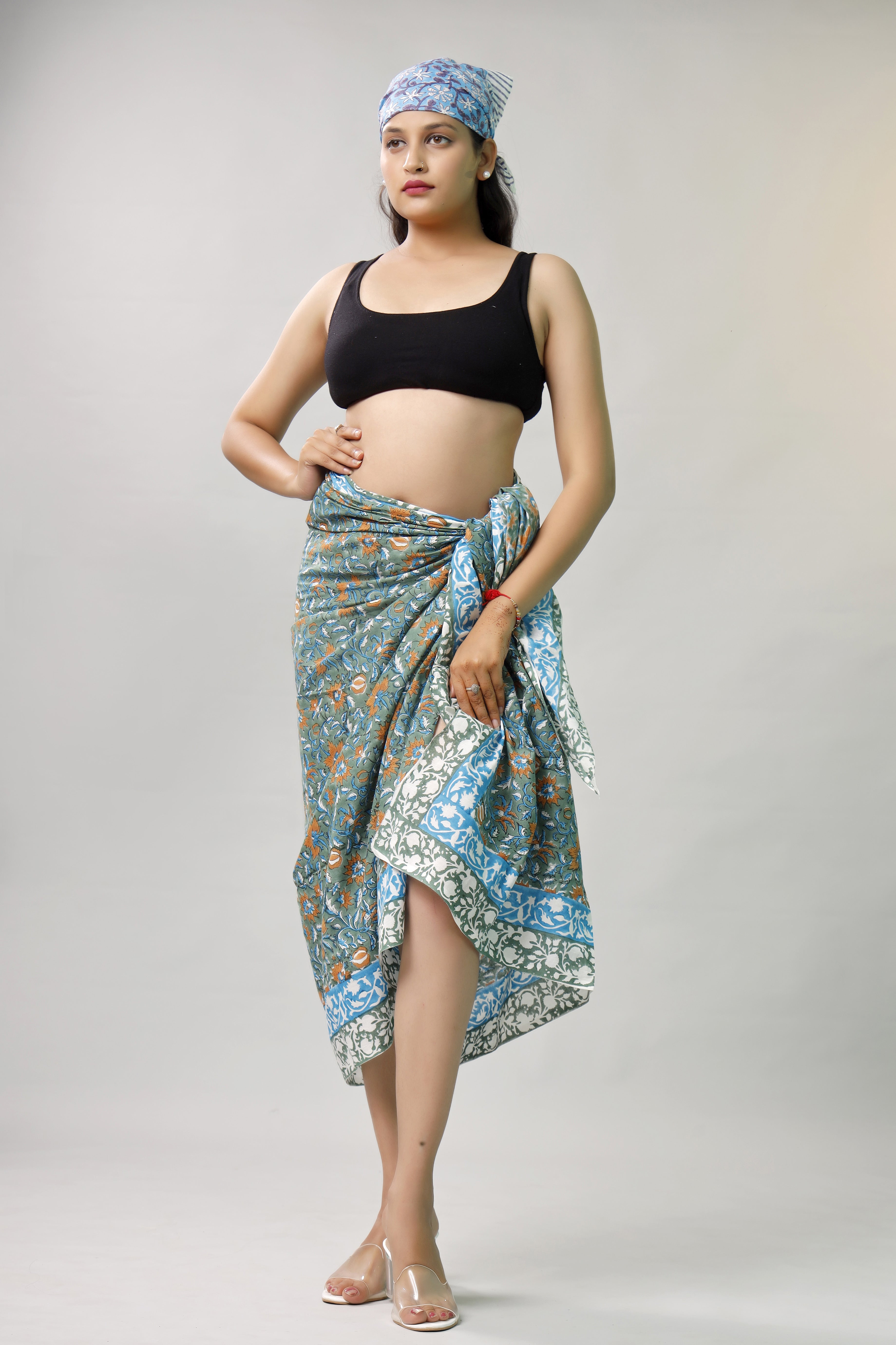 Premium Blue & Green Floral Sarong Versatile Summer Essential