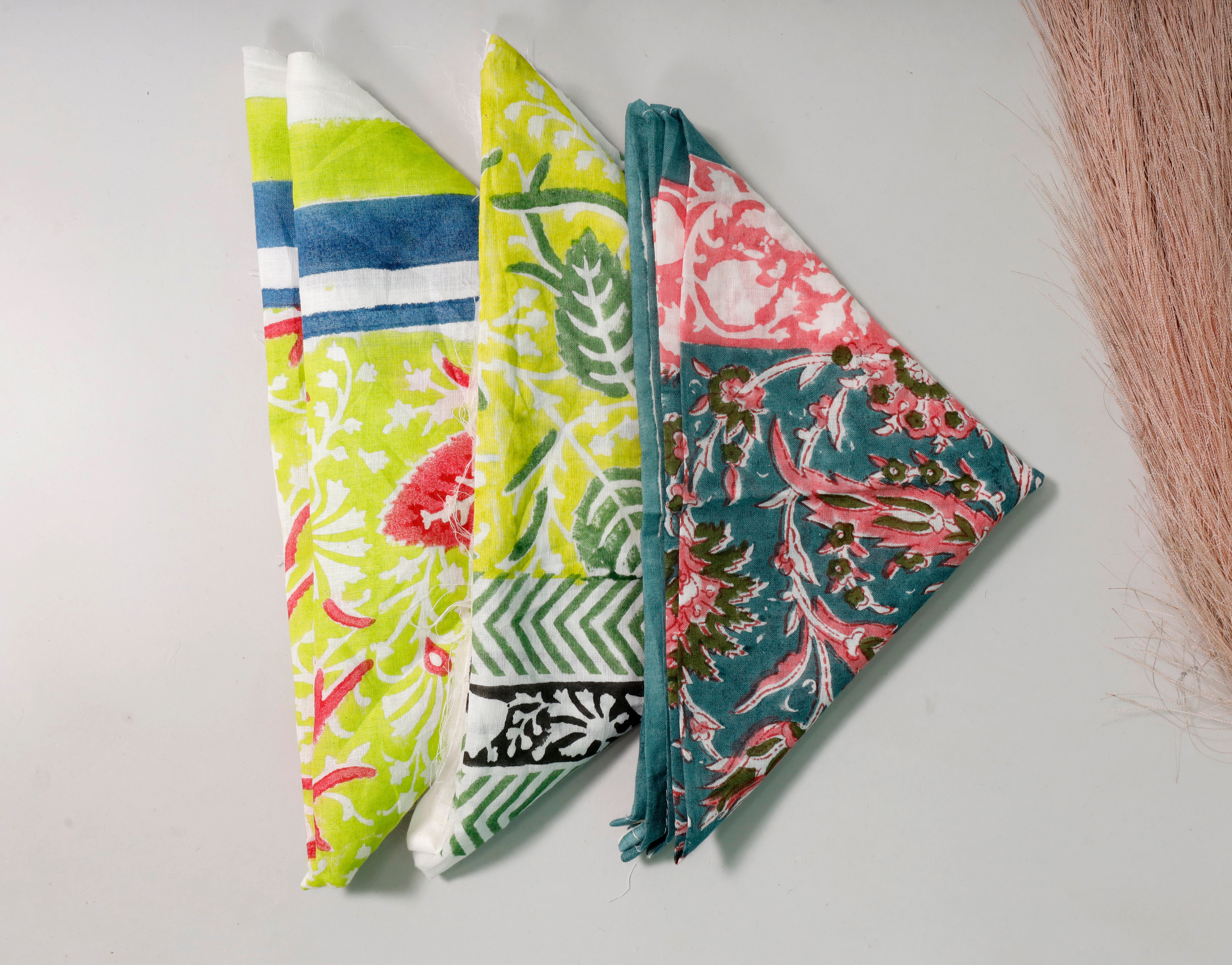 Set of 3 - Versatile Boho Cotton Bandanas For Bikers, Stylish Neck & Face Wraps, Handmade Block Printed Headwraps For Outdoors